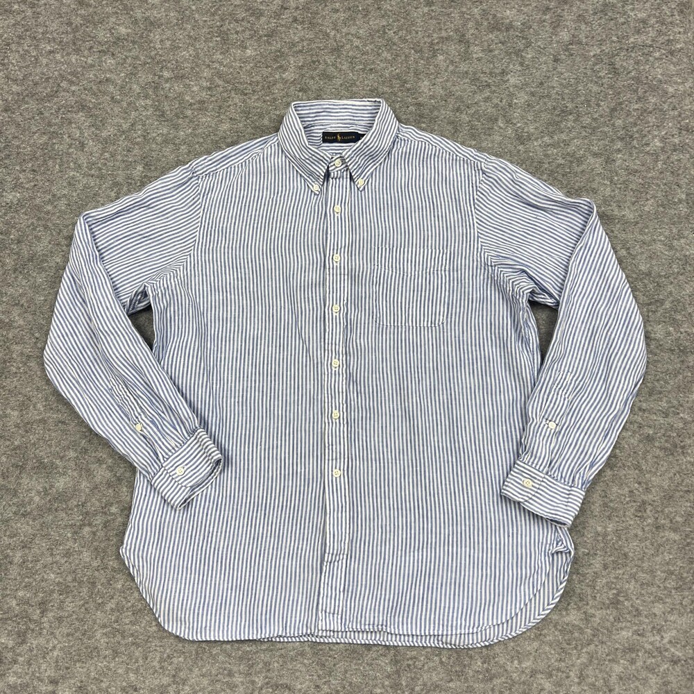 Ralph Lauren Shirt Mens XL Blue Striped Button Linen Button Coastal Ocean Relax